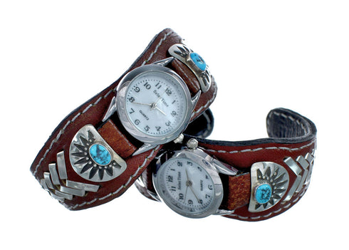 Genuine Navajo Turquoise Sterling Silver Leather Cuff Watch NN20306
